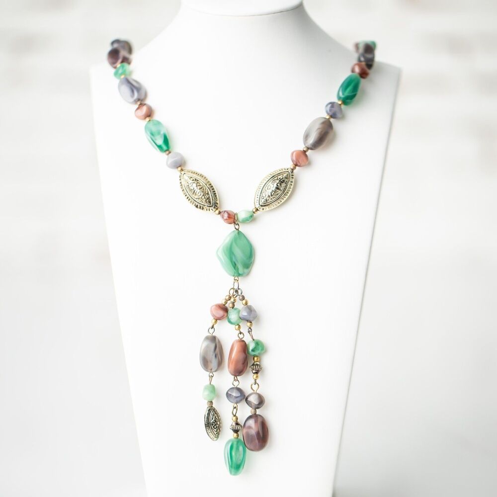 Boho Y Drop Necklace Green Mauve Gray Beaded Tassel Antique Gold Tone Necklace